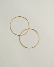Two gold hoop earrings on a light beige background