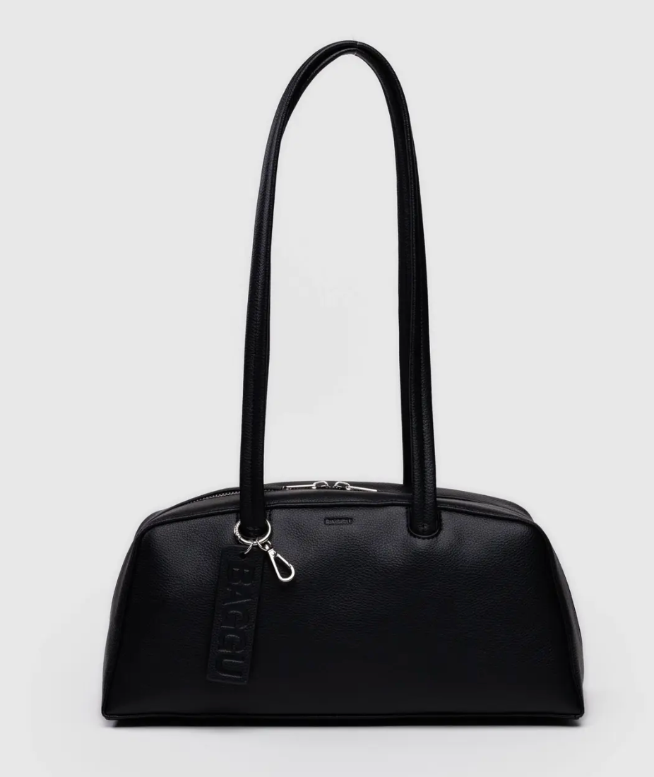 Black recycled leather handbag with a handle on a light gray background