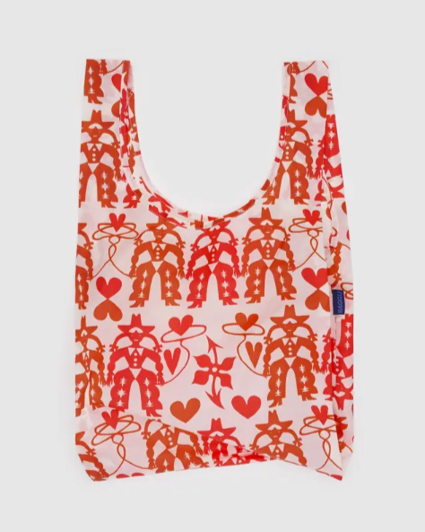 Reusable shopping bag with red pattern on a white background