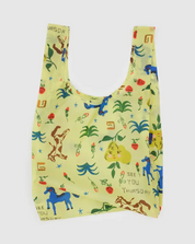 Reusable bag with colorful animal illustrations on a light yellow background