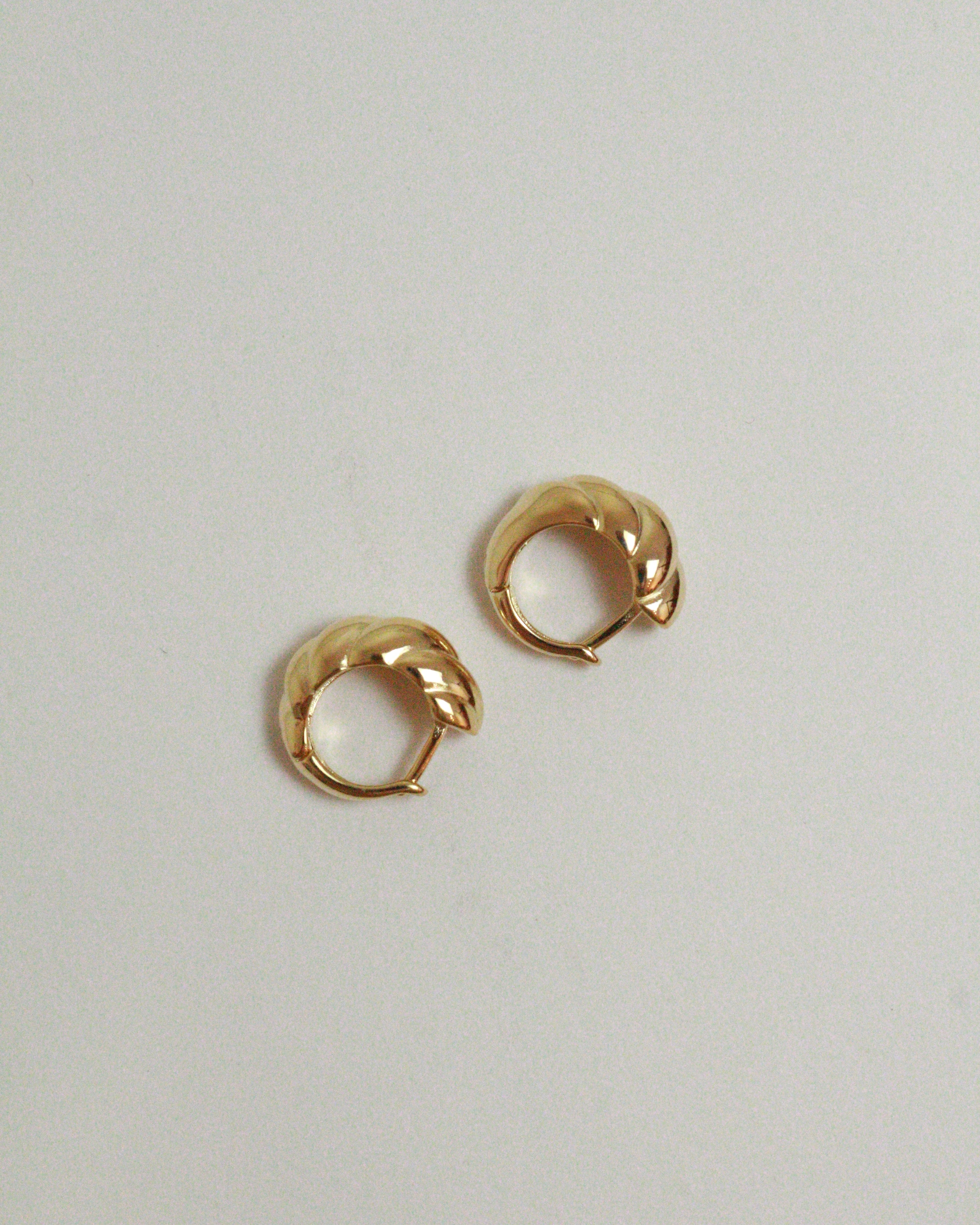 Pair of gold hoop earrings on a light gray background