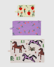 Three pouches with different patterns on a white background