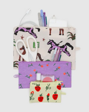 Set of pouches with stationery items including scissors and pens on a white background