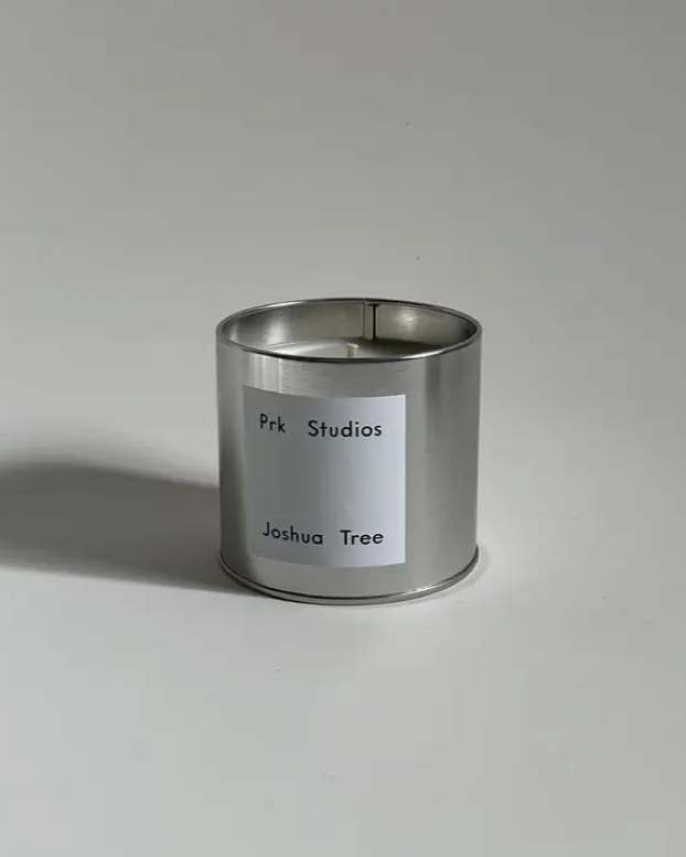 Soy candle in scent Joshua Tree Candle 7.5oz - Moss, Bergamot, Violet, Palo Santo poured in silver tin vessel
