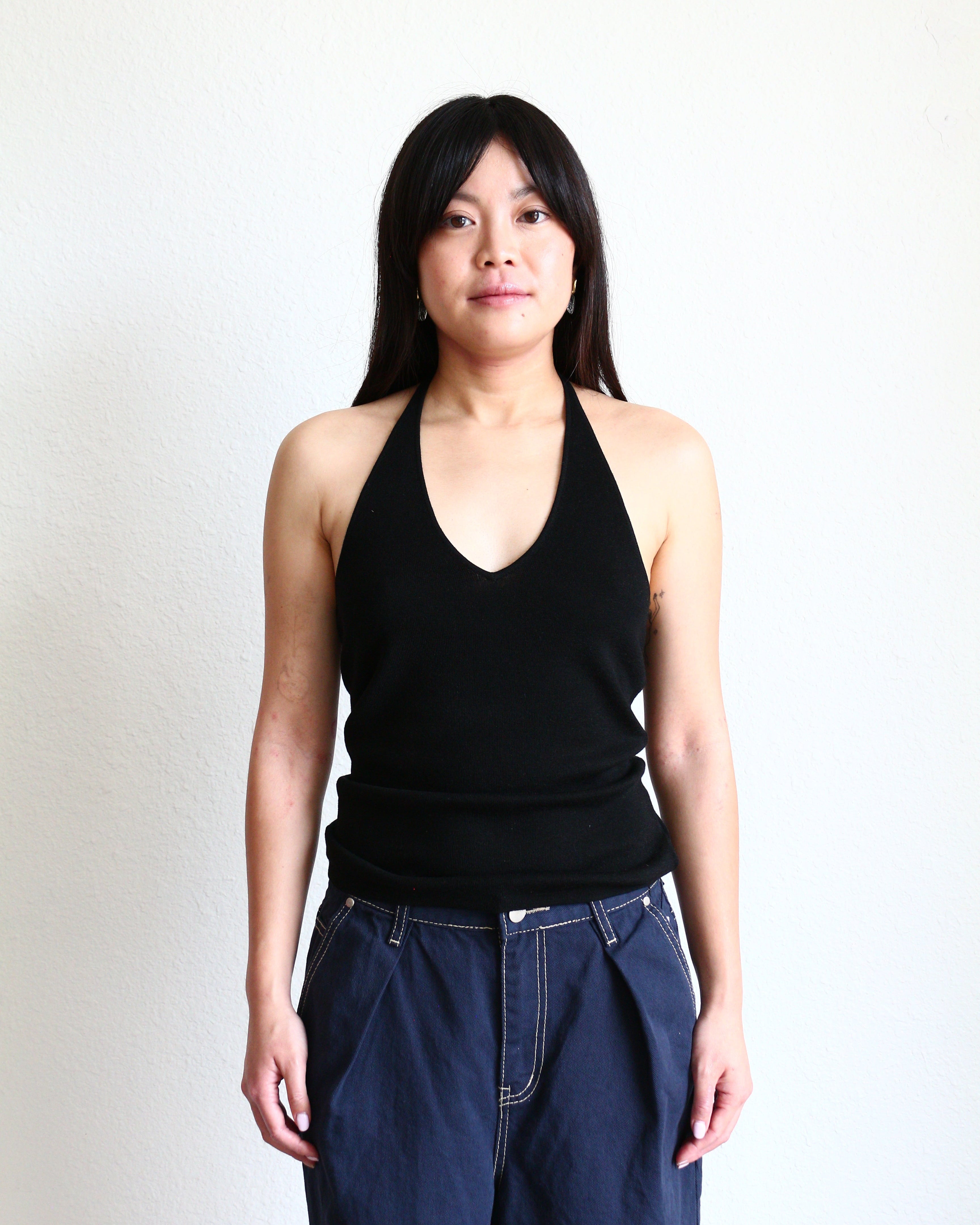 Ribbed Wool Blend Halter Top Black