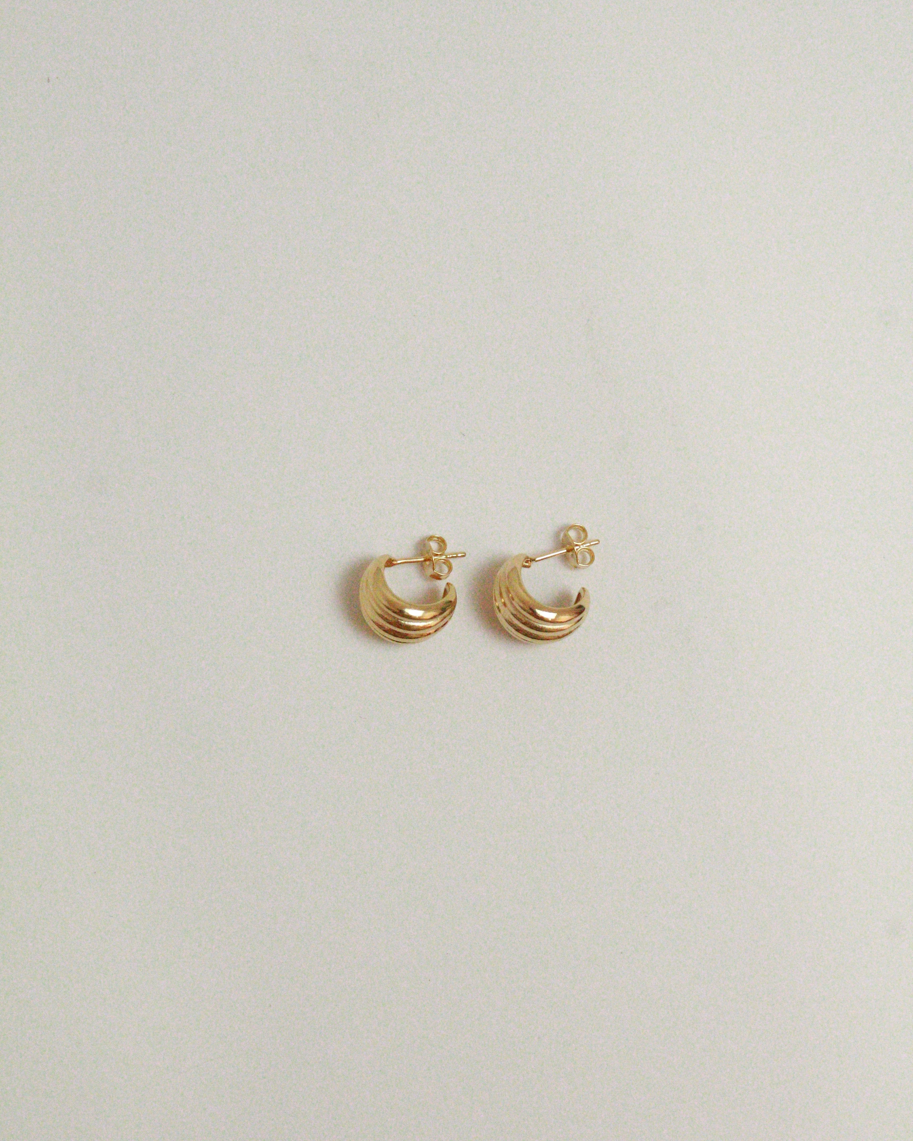 Pair of gold earrings on a light gray background