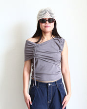 Grey Ruched Tie Asymmetrical Japandi Top