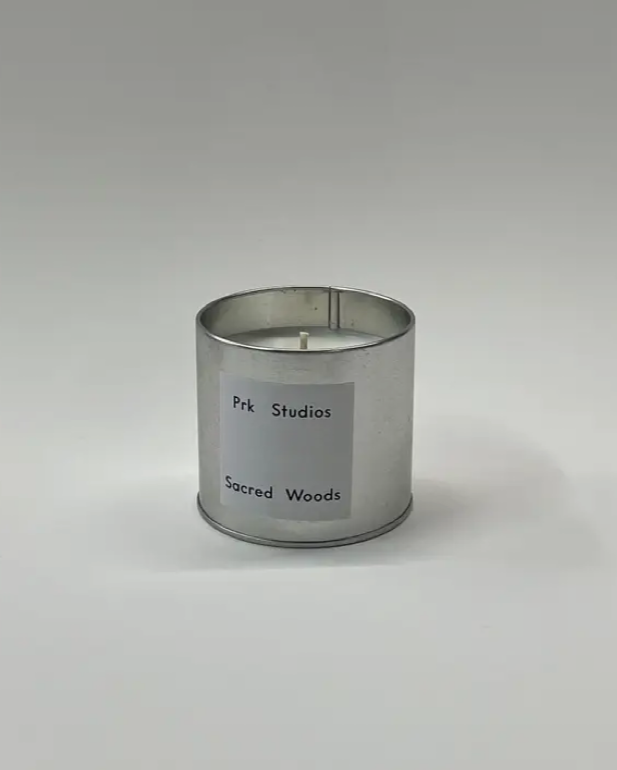 Soy candle in Sacred Woods Candle 7.5oz - Saffron, White Tea, Purple Peonies, Tobacco in silver tin container