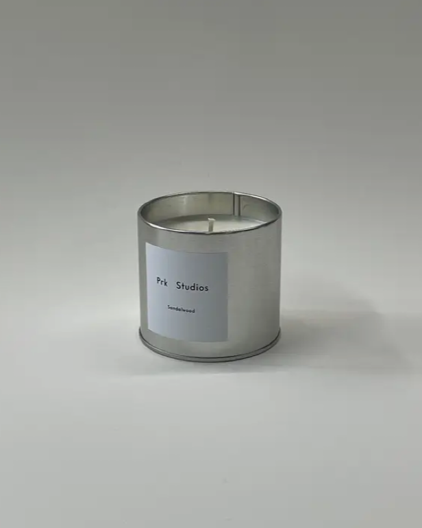 Soy based candle Sandalwood Candle 7.5oz - Coriander, Amyris, Dark Musk, Amber, Sandalwood in silver tin container vessel