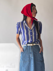 Silk Short-Sleeve Striped Shirt Blouse