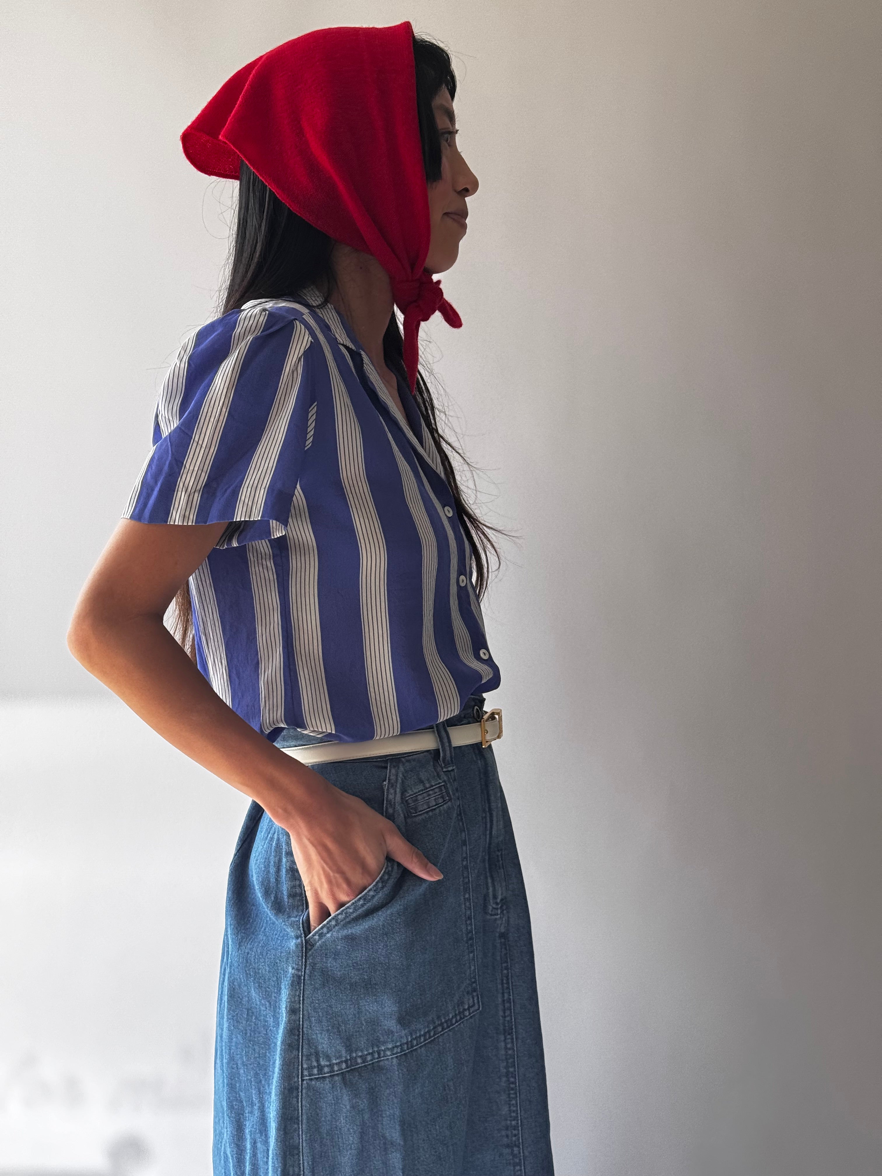 Silk Short-Sleeve Striped Shirt Blouse