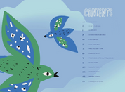 Illustration of two birds on a blue background with a list of contents on the right.