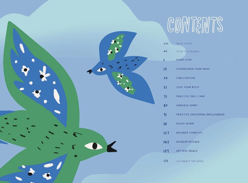 Illustration of two birds on a blue background with a list of contents on the right.