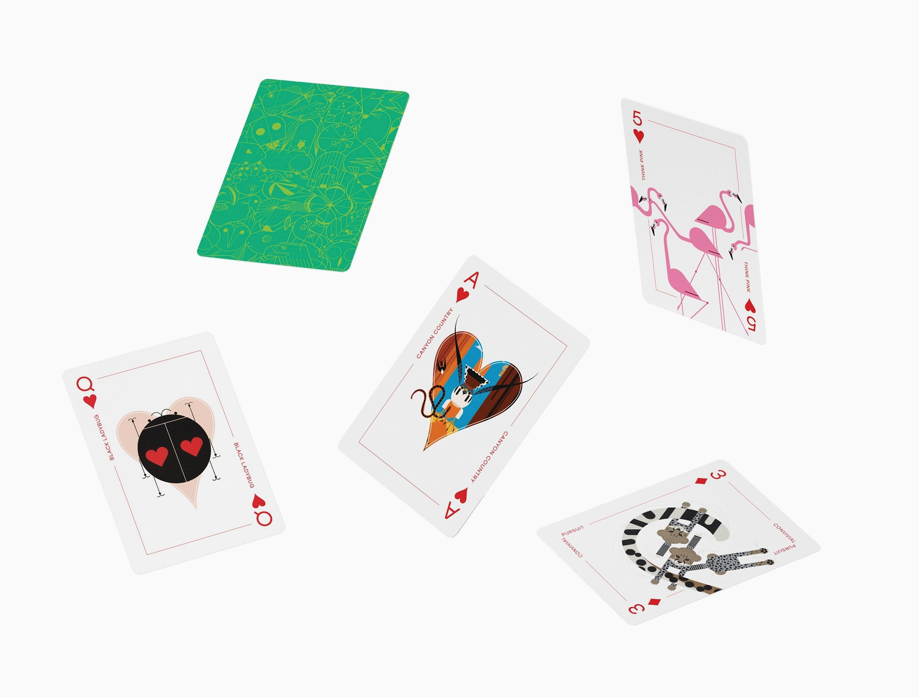 Set of playing cards with unique designs on a white background