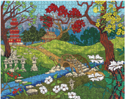 Colorful mosaic artwork of a garden scene with a bridge, trees, and traditional buildings.
