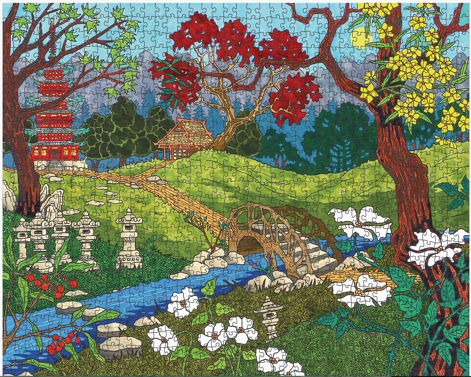 Colorful mosaic artwork of a garden scene with a bridge, trees, and traditional buildings.
