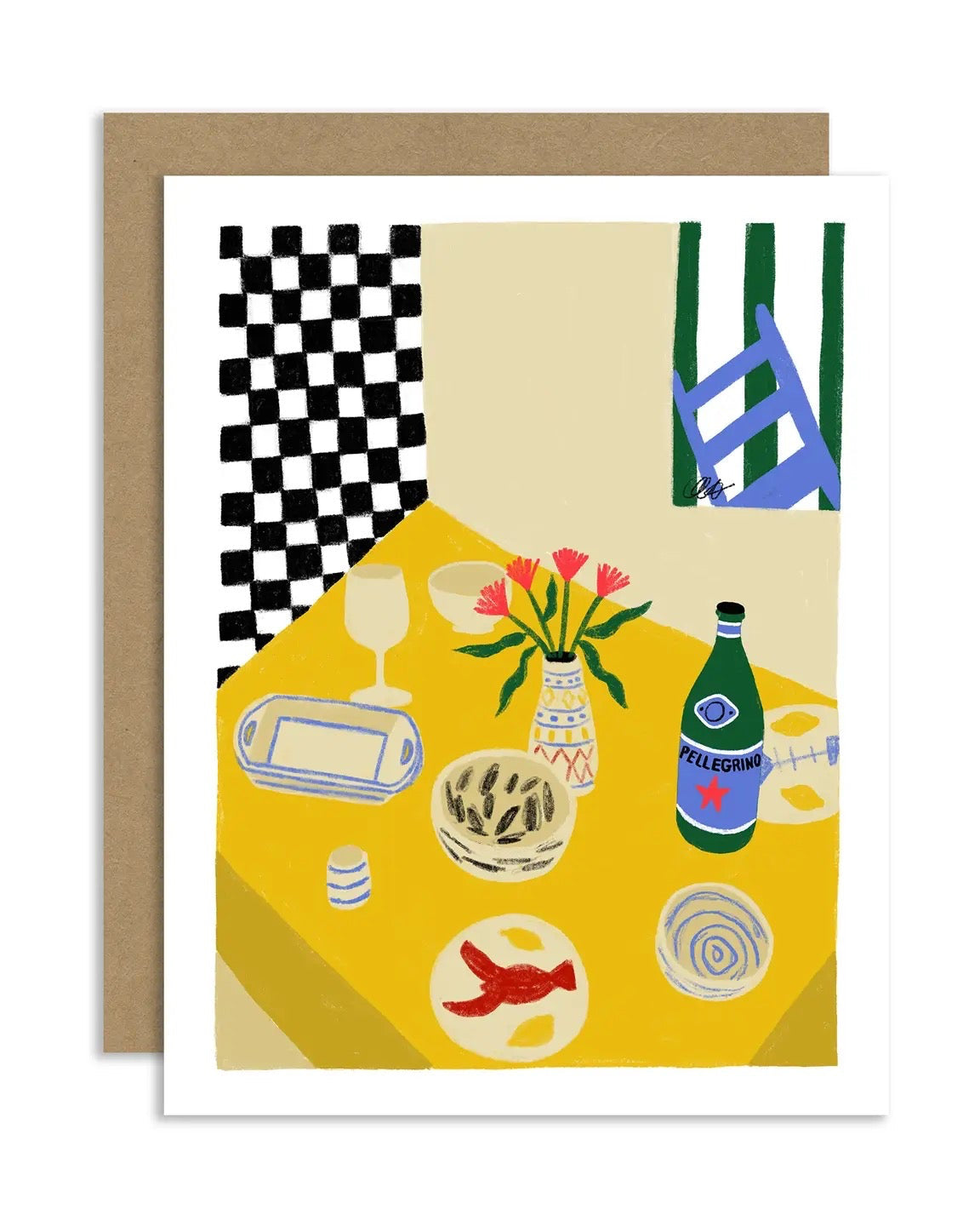 Greeting card with a colorful illustration of a table setting on a yellow background.