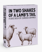 Quiz deck packaging titled 'In Two Shakes of a Lamb's Tail' with illustrations of sheep on a white background.