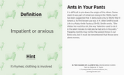 Definition card for 'Ants in Your Pants' with ant illustrations and text on a light green background.