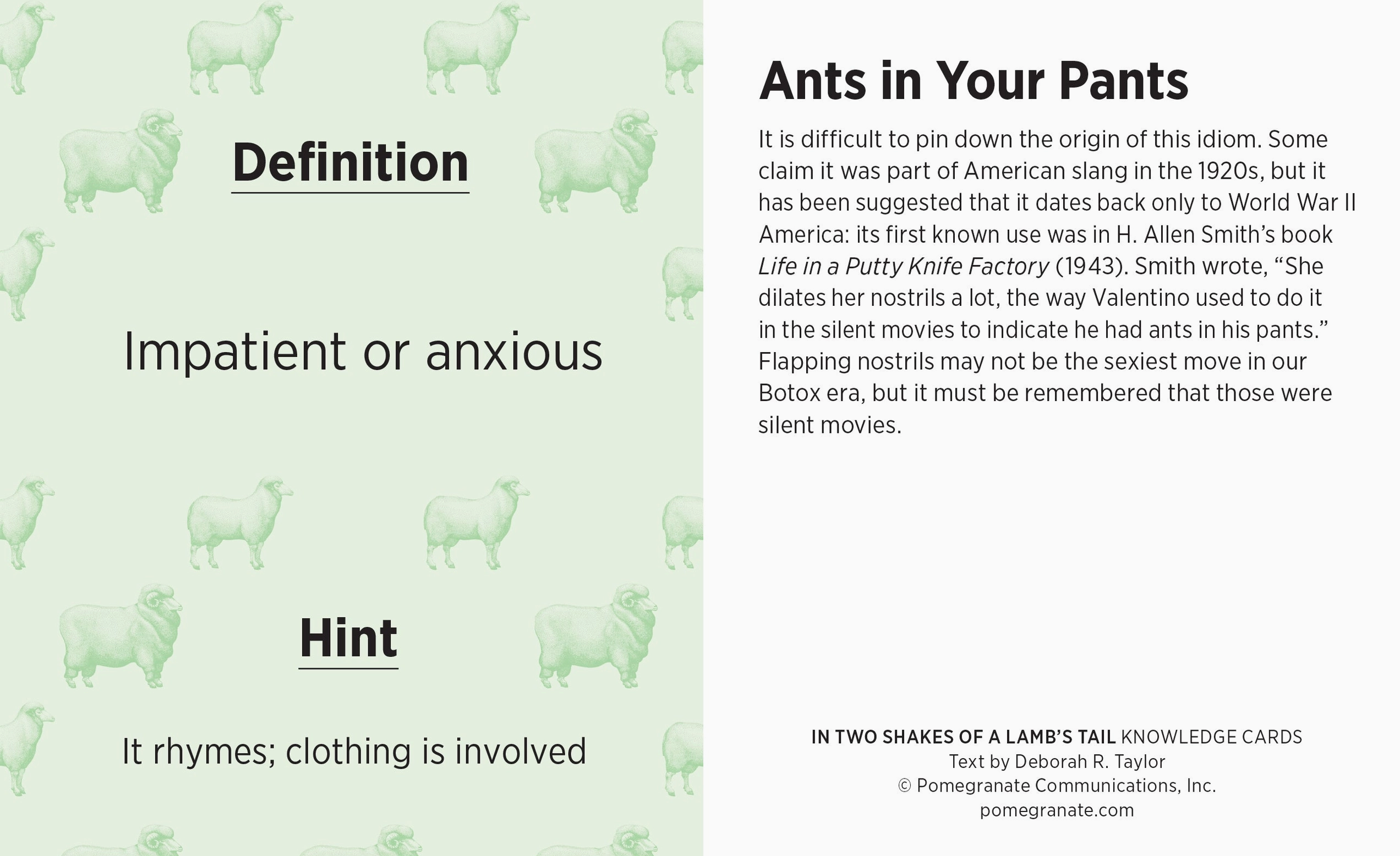 Definition card for 'Ants in Your Pants' with ant illustrations and text on a light green background.