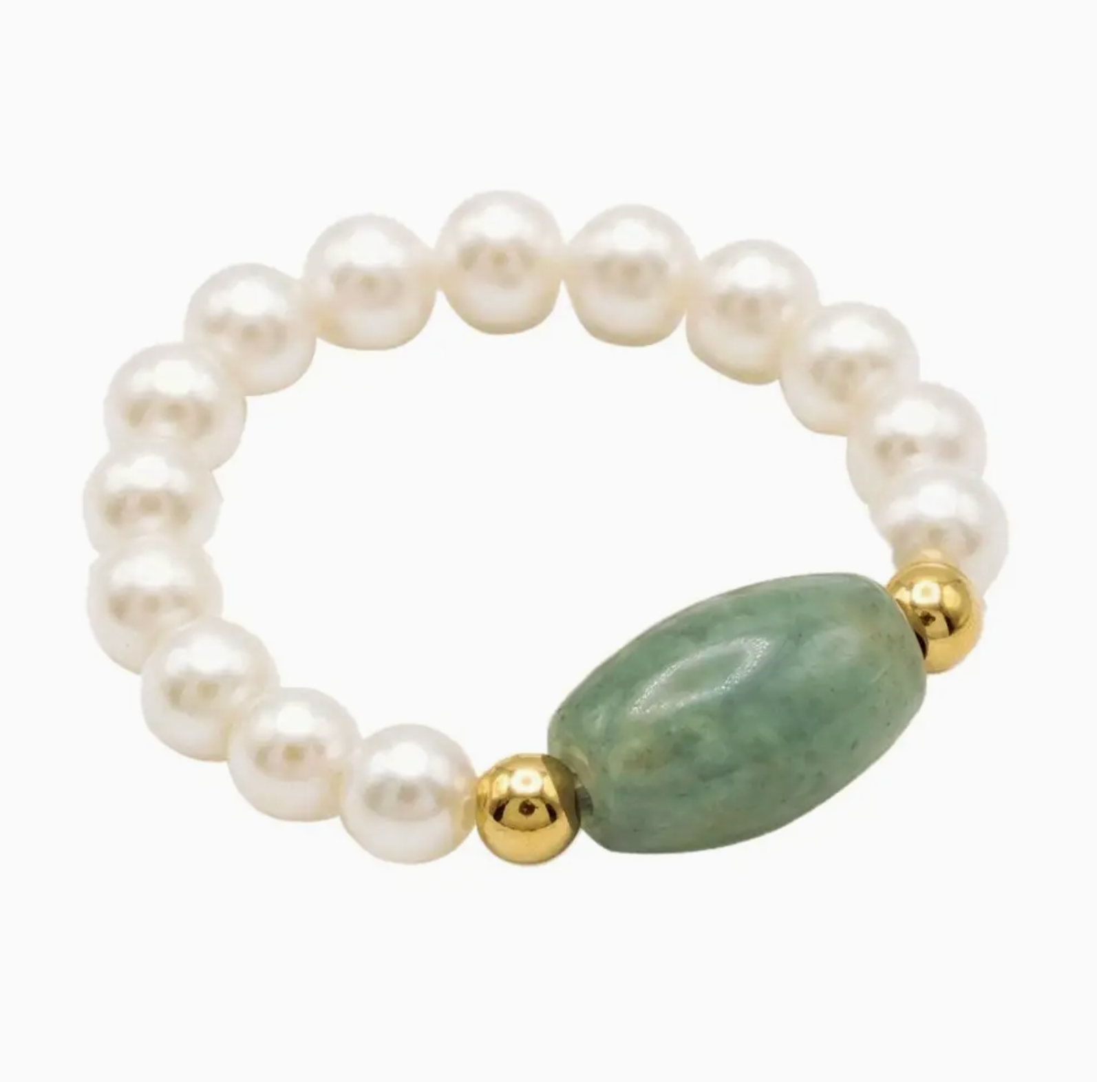 Pearl bracelet with a green stone and gold beads on a white background