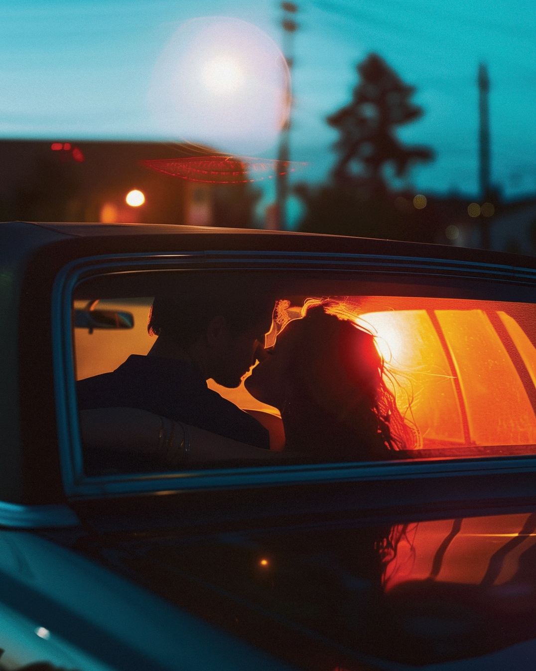 Two people in a car at sunset, with the sun casting a warm glow through the window.