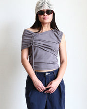 Grey Ruched Tie Asymmetrical Japandi Top