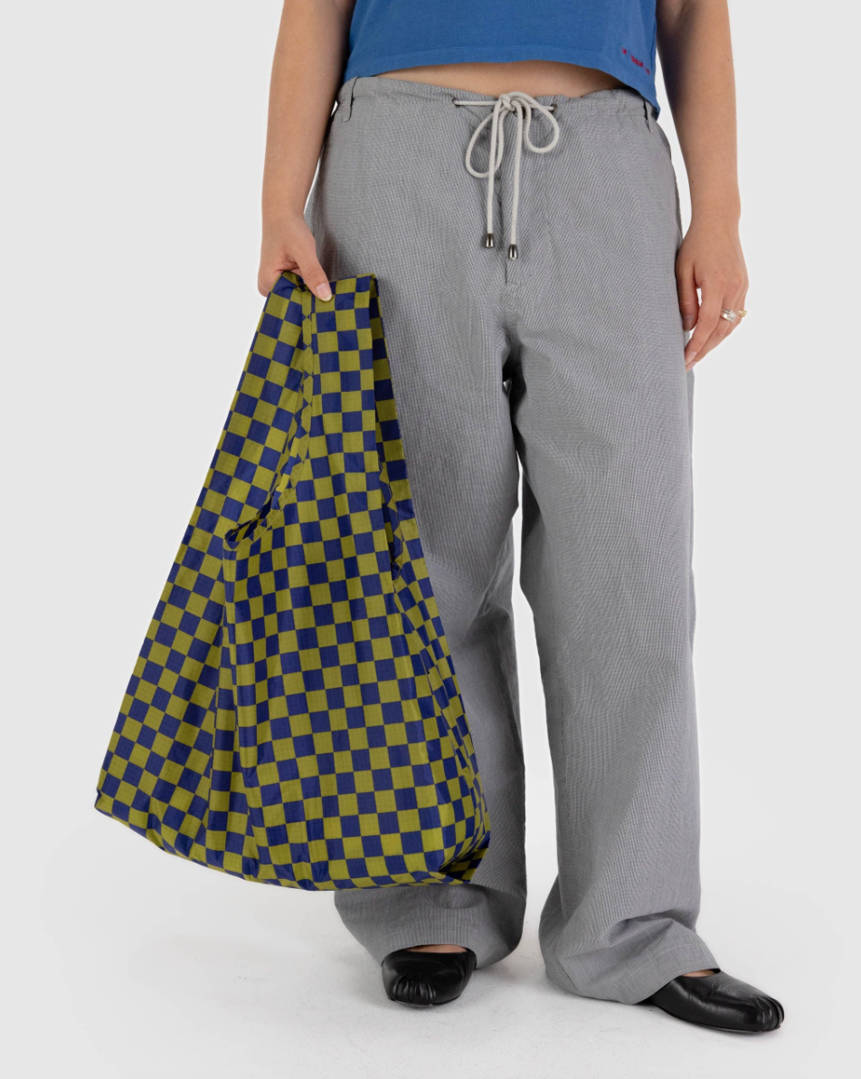 Baggu standard reusable tote pear green navy check