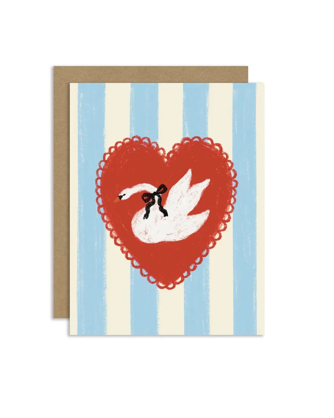 Greeting card with a red heart, white swan, and black silhouette on a blue and beige striped background