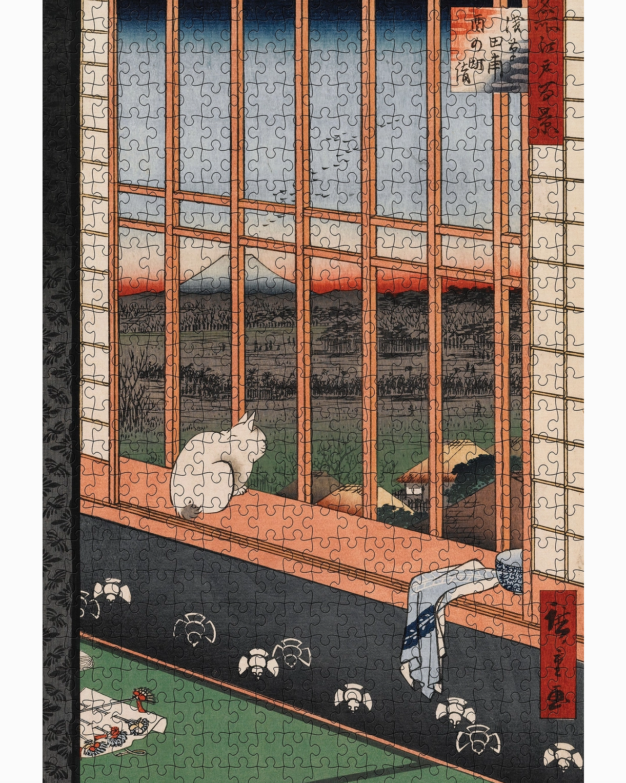 Jigsaw puzzle with a completed section showing a cat by a window with a scenic view.