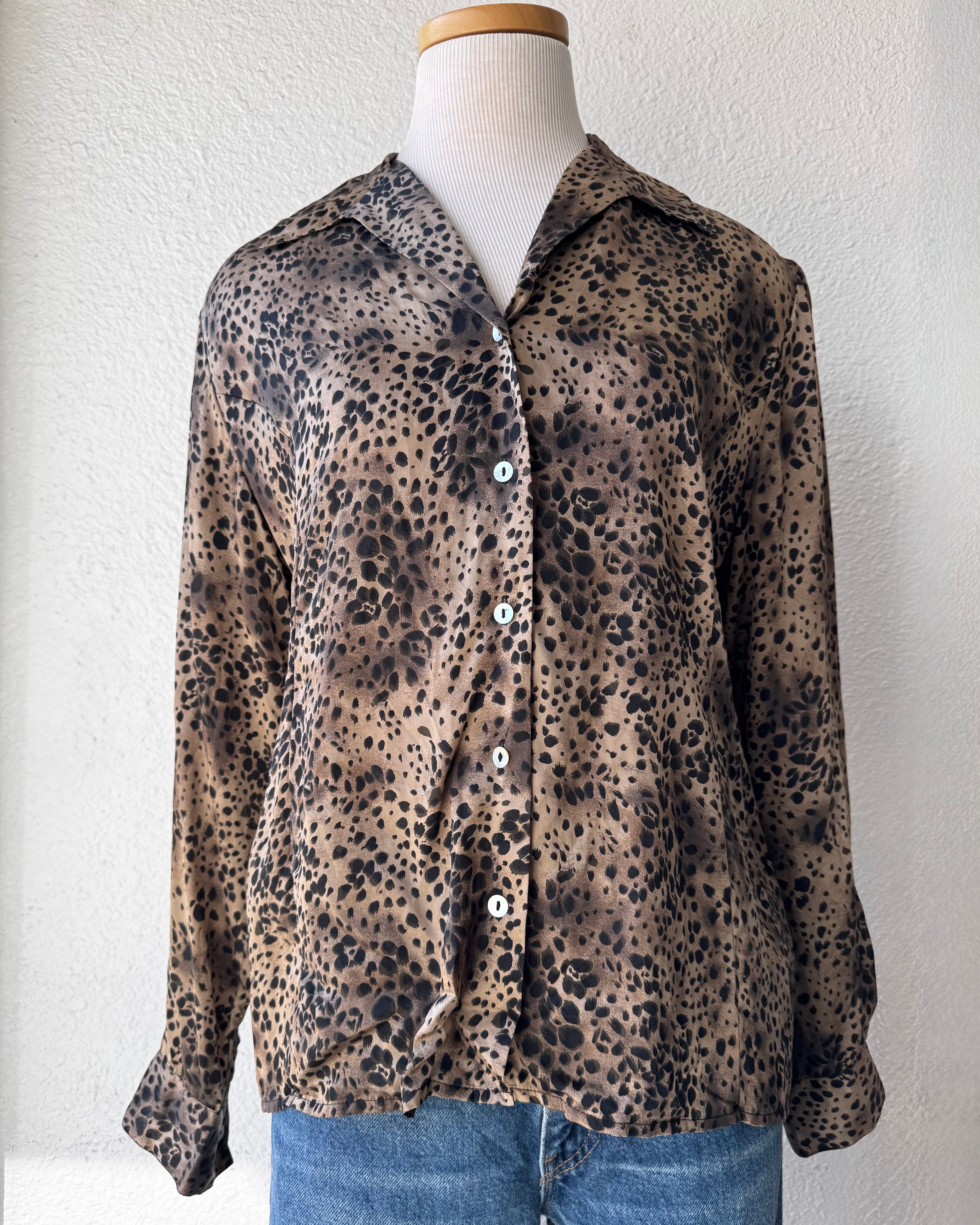 Vintage Animal Print Silk Button Blouse