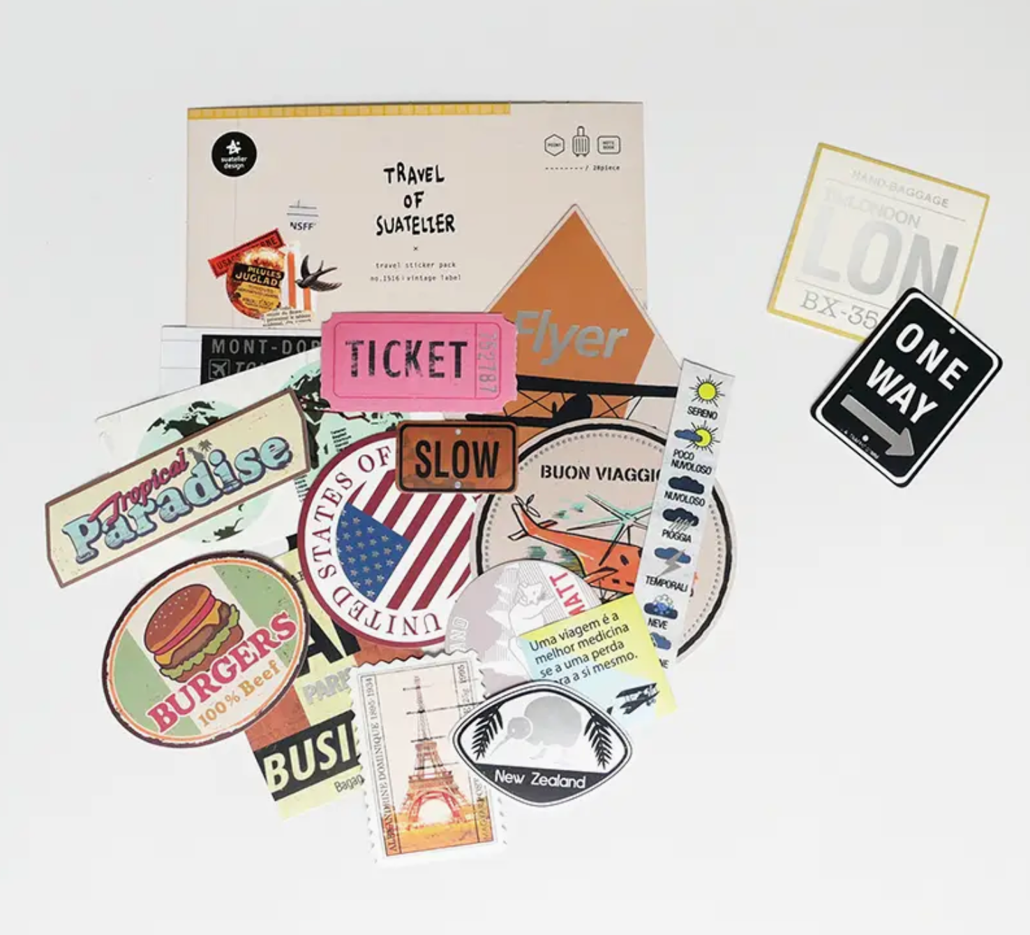 Collection of travel-themed stickers on a white background