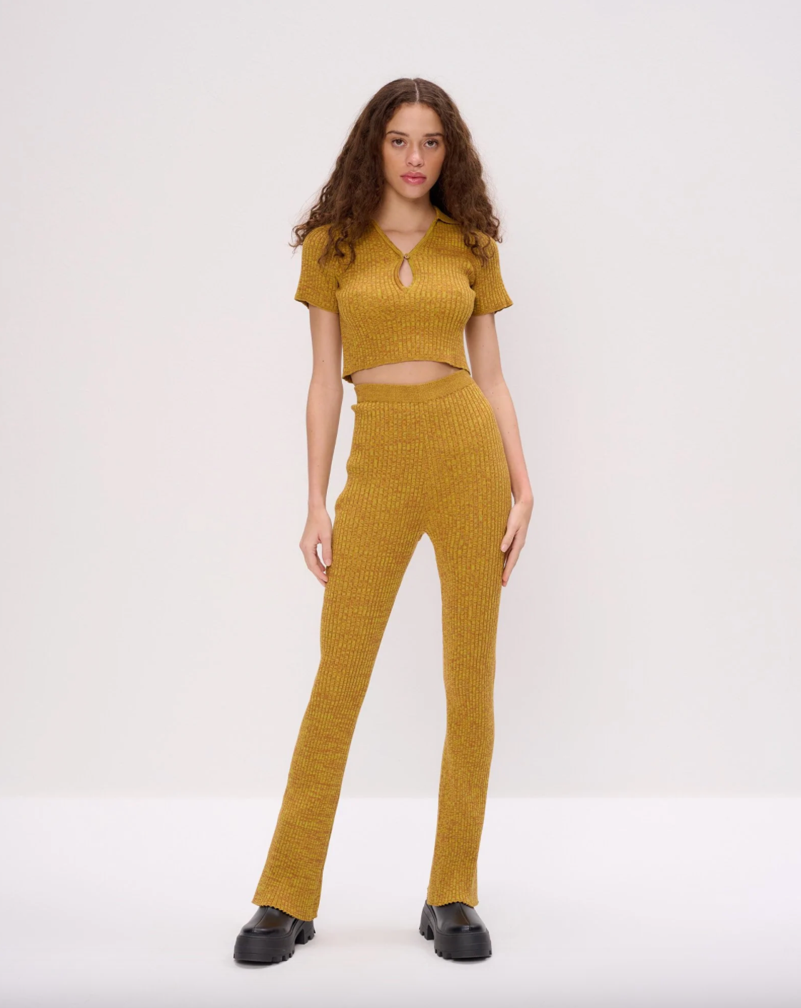 Another Girl Space Dye Rib Keyhole Polo Top
