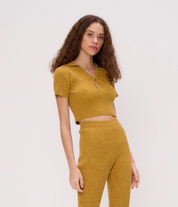 Another Girl Space Dye Rib Keyhole Polo Top